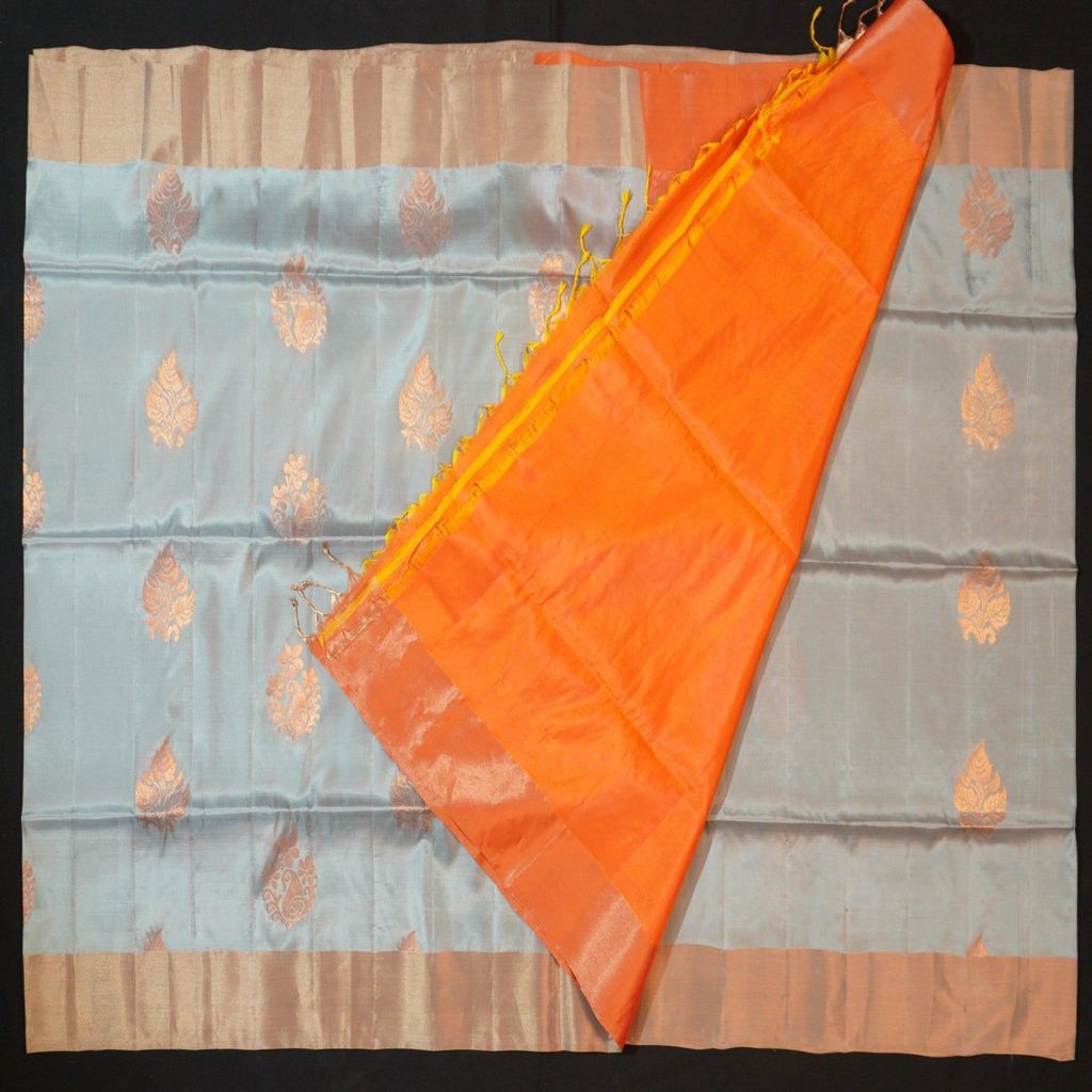 Trendy Pastel Blue & Orange Pallu Kanchipuram Soft Silk Saree