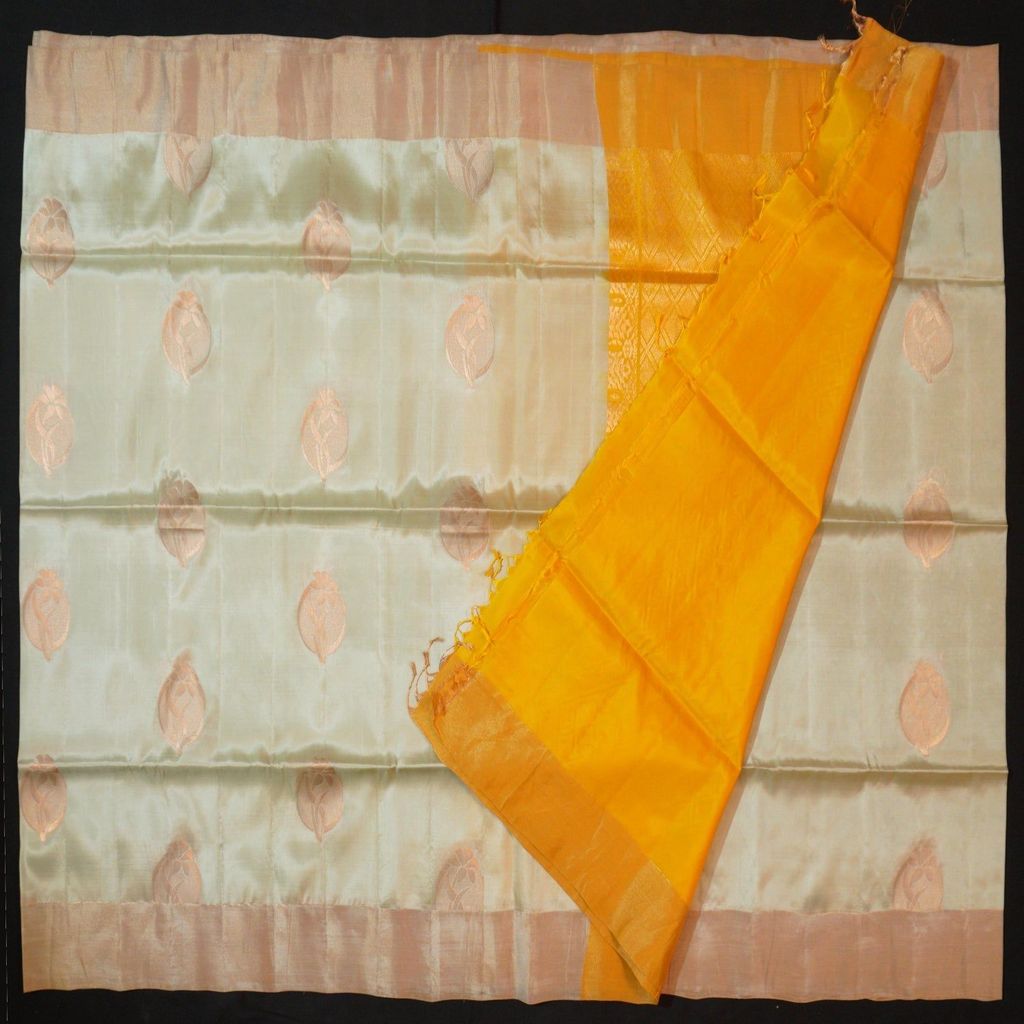 Pastel Pista Green Kanchipuram Soft Silk Saree with Mustard Pallu