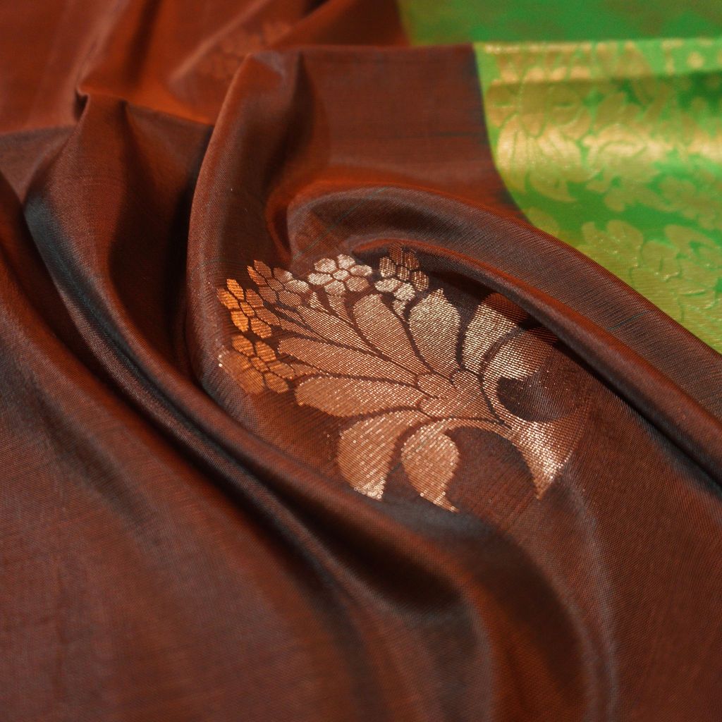 Chocolate Brown Kanchipuram Soft Silk Saree with Green Pallu