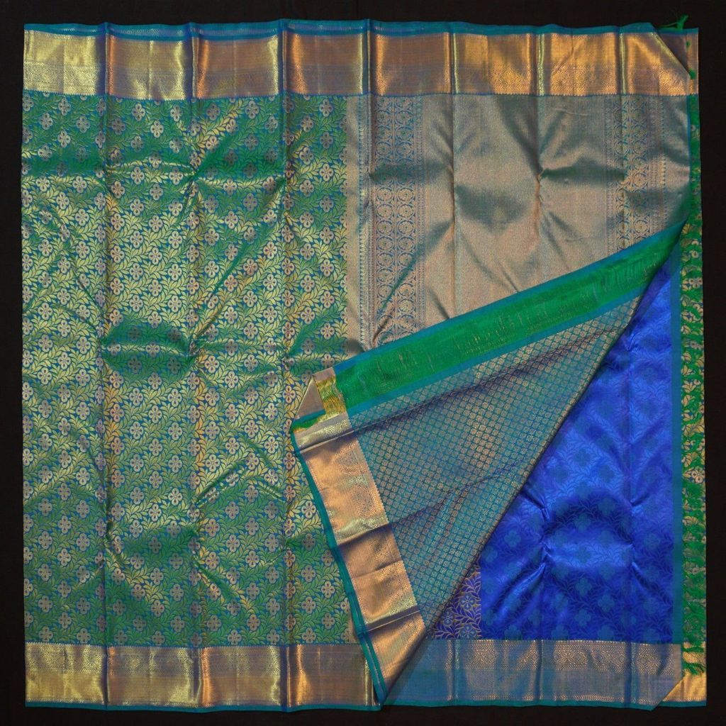 Palette of Peacock Blue & Bottle Green Bridal Kanchipuram Handloom Silk Saree - Vivaaha Silks"
