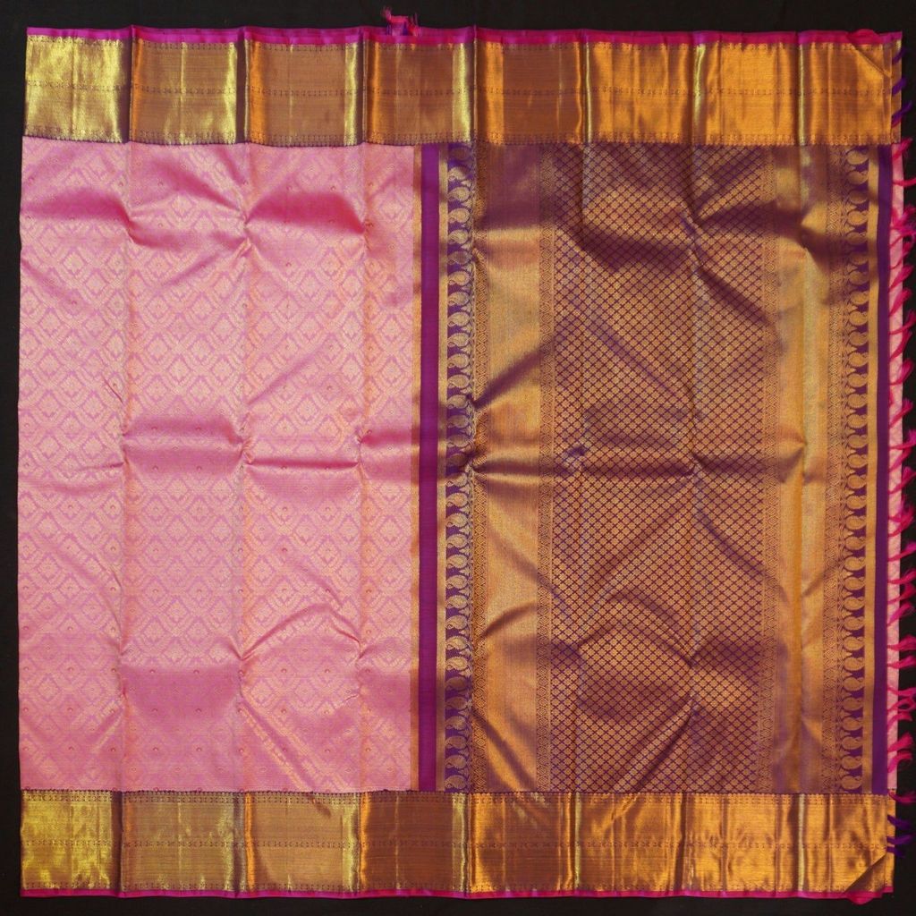 Exquisite Pink and Purple Border Bridal Kanchipuram Handloom Silk Saree - Vivaaha Silks