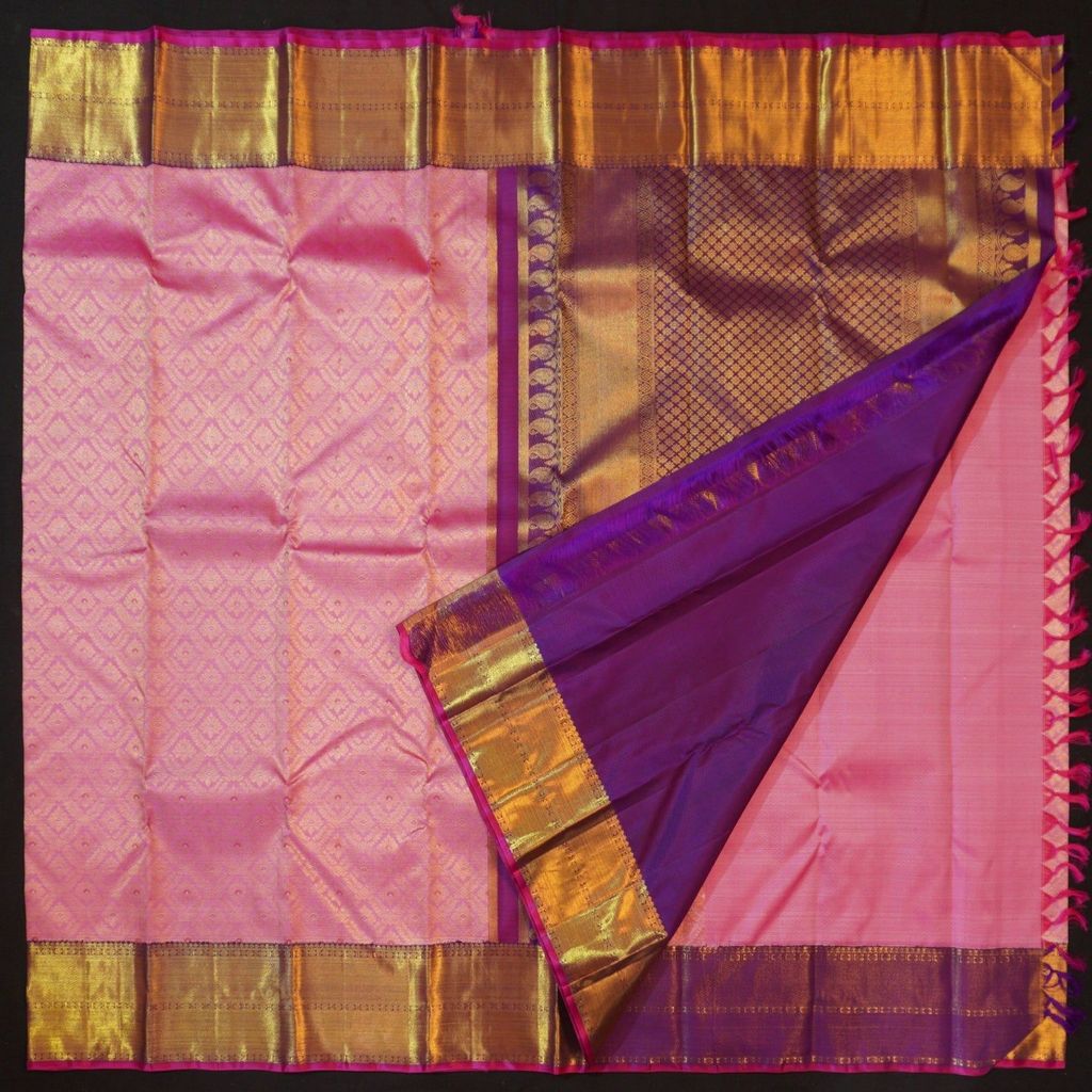 Exquisite Pink and Purple Border Bridal Kanchipuram Handloom Silk Saree - Vivaaha Silks