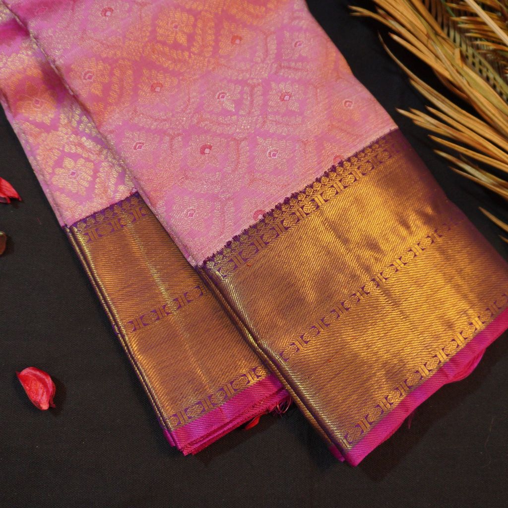 Exquisite Pink and Purple Border Bridal Kanchipuram Handloom Silk Saree - Vivaaha Silks