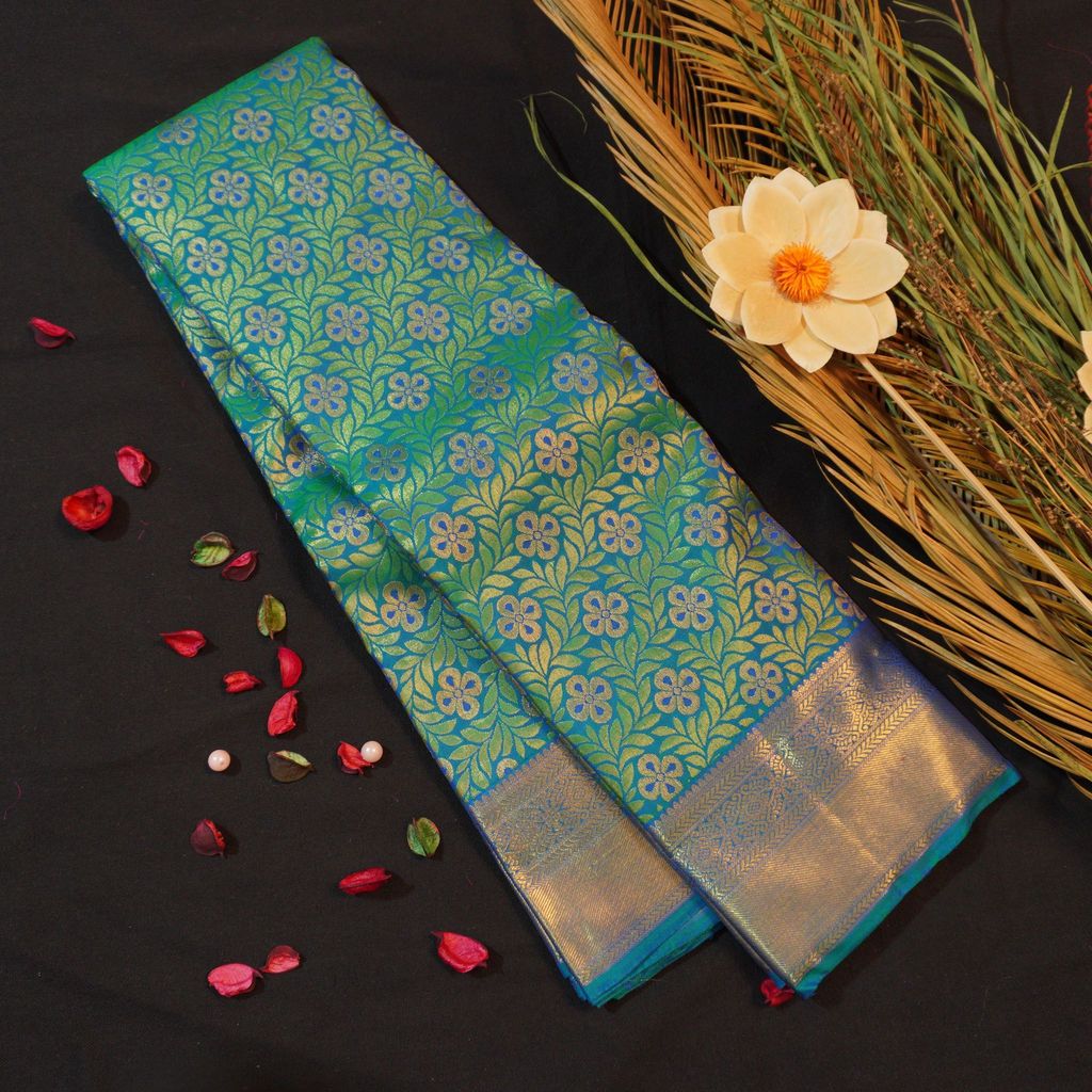 Palette of Peacock Blue & Bottle Green Bridal Kanchipuram Handloom Silk Saree - Vivaaha Silks"