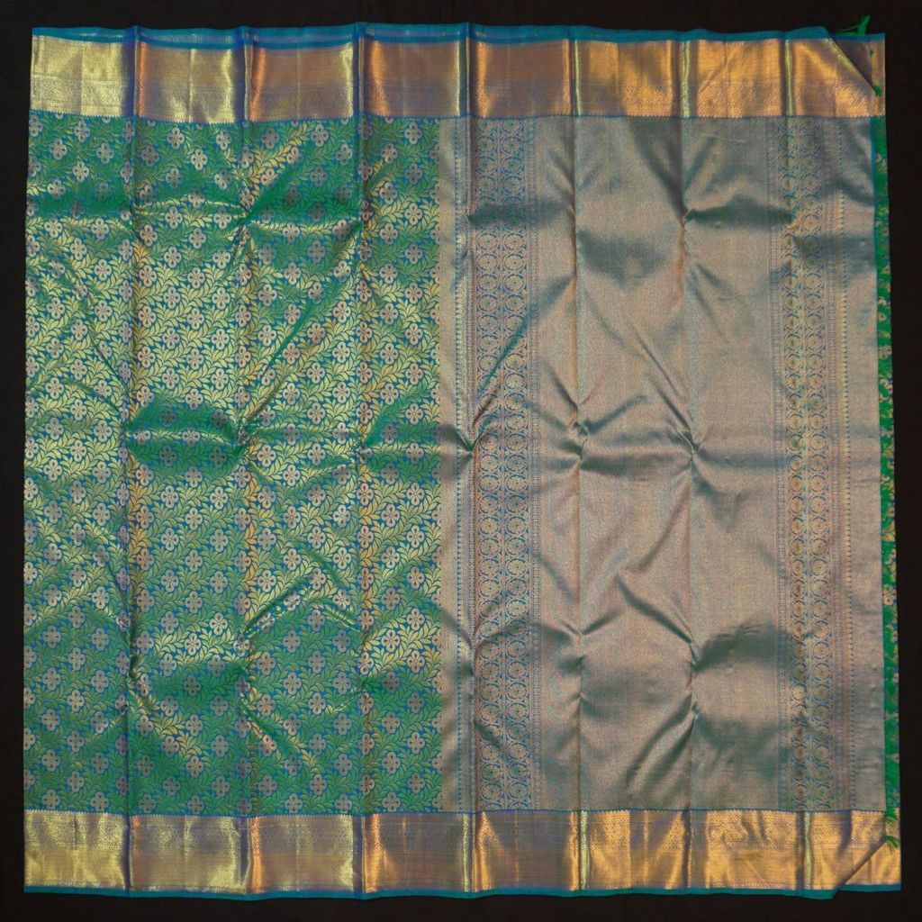Palette of Peacock Blue & Bottle Green Bridal Kanchipuram Handloom Silk Saree - Vivaaha Silks"