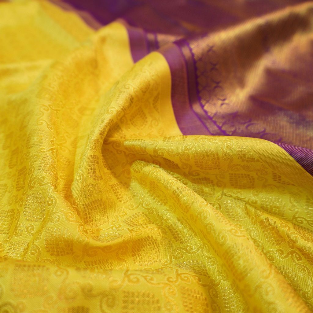 Radiant Lemon Yellow & Violet Bridal Kanchipuram Handloom Silk Saree | Vivaaha Silks