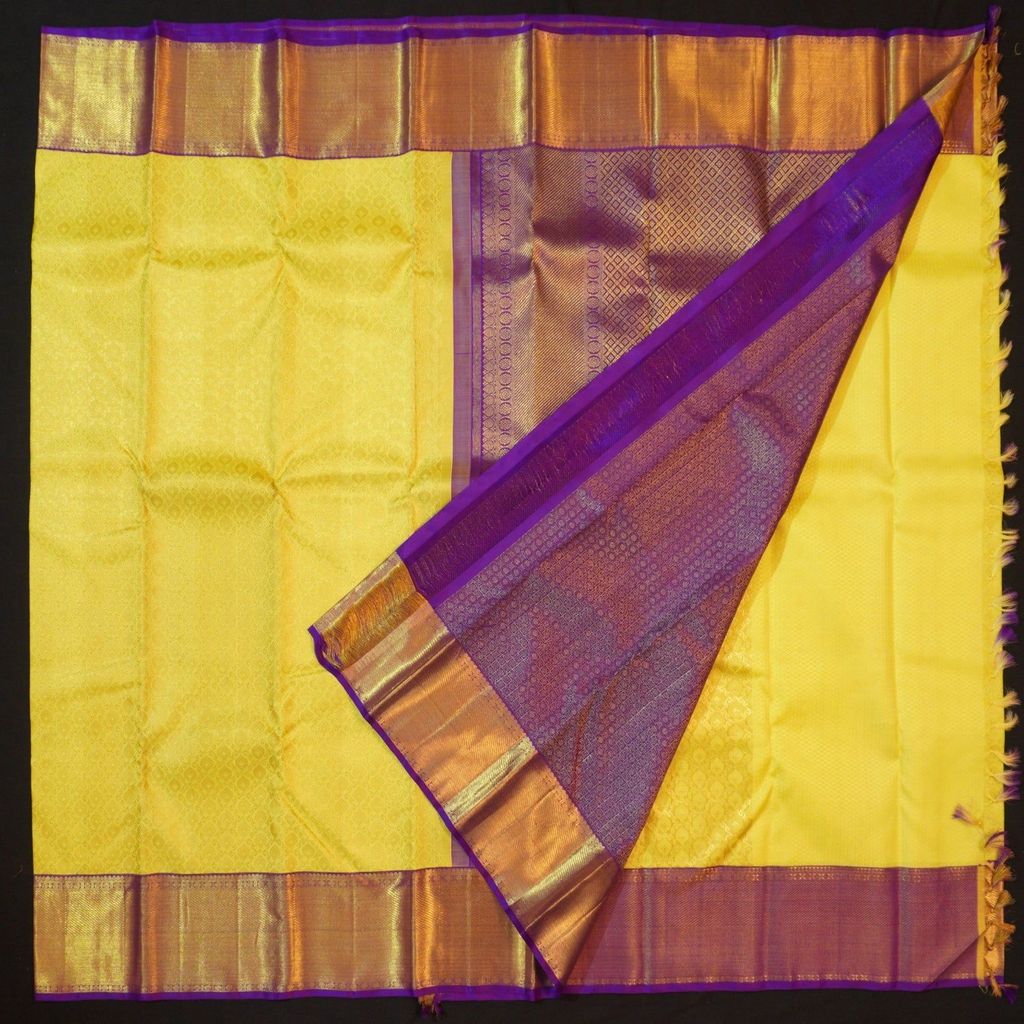 Radiant Lemon Yellow & Violet Bridal Kanchipuram Handloom Silk Saree | Vivaaha Silks