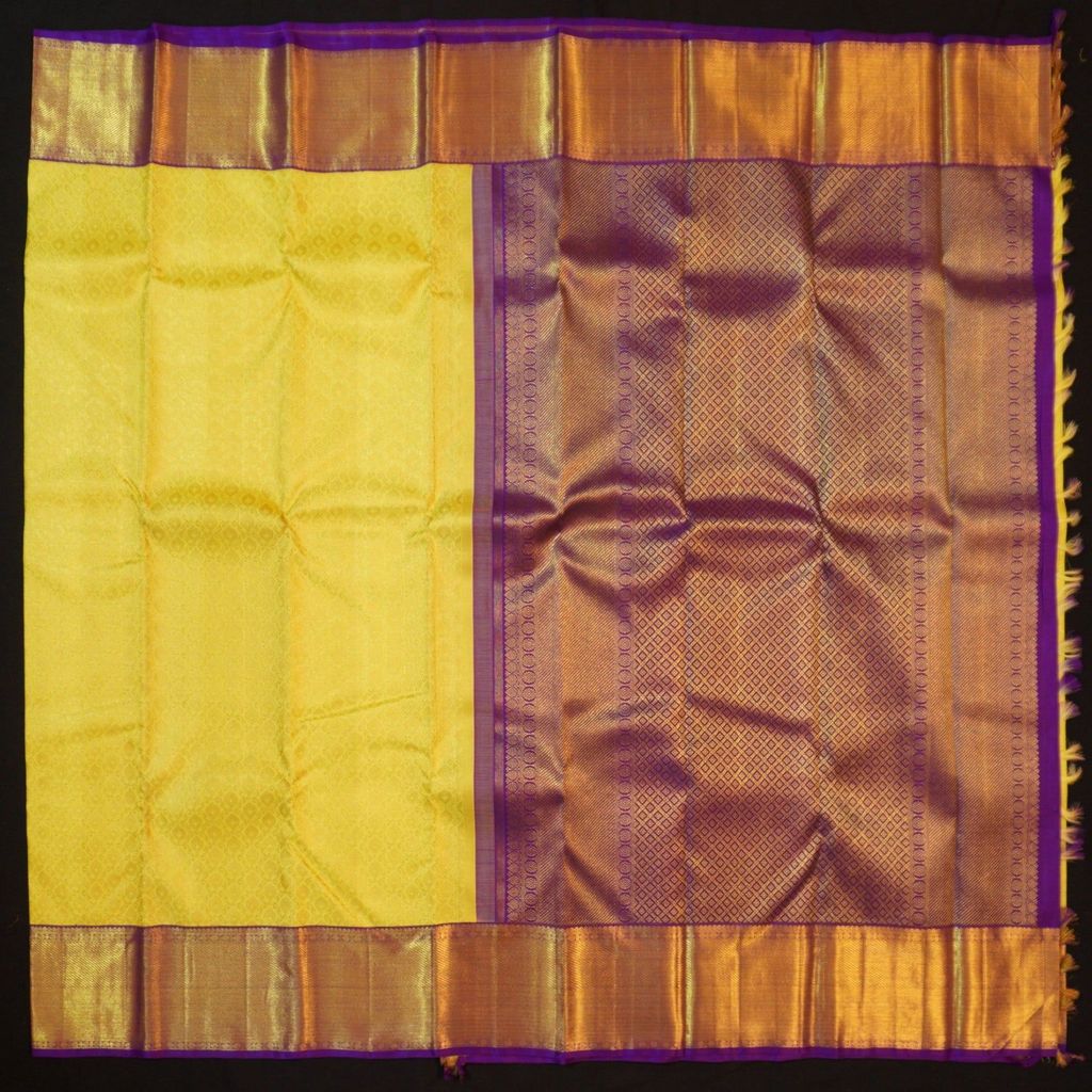 Radiant Lemon Yellow & Violet Bridal Kanchipuram Handloom Silk Saree | Vivaaha Silks