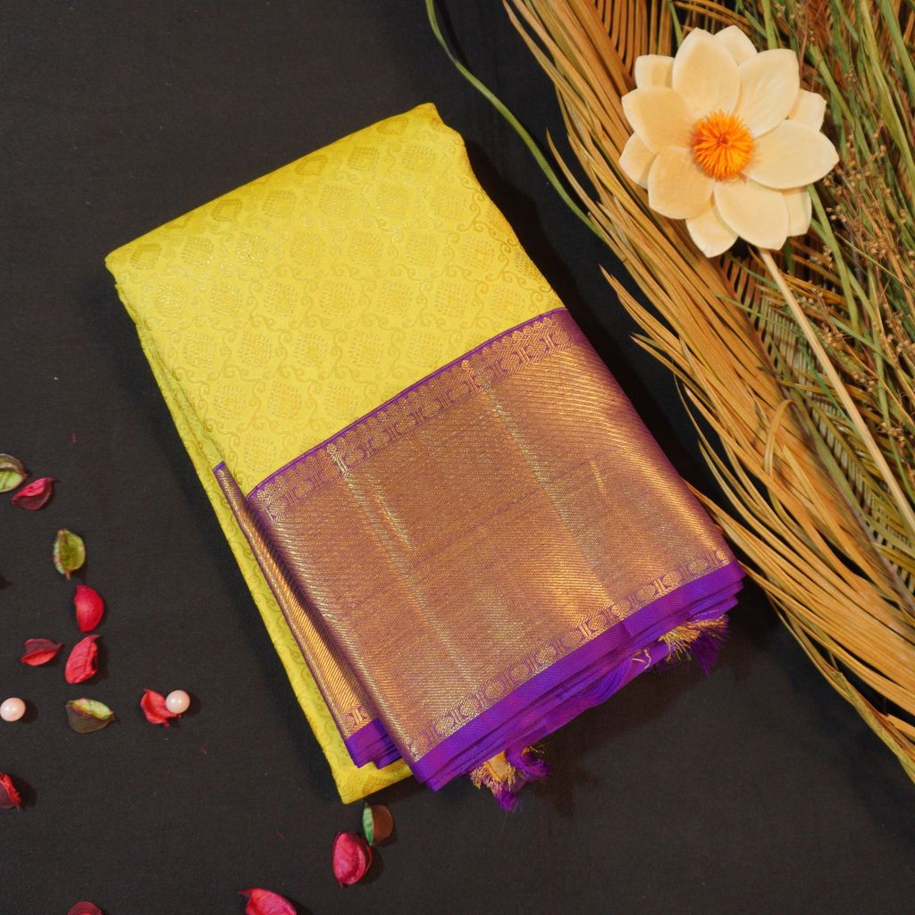 Radiant Lemon Yellow & Violet Bridal Kanchipuram Handloom Silk Saree | Vivaaha Silks