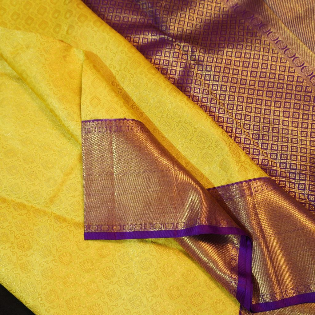 Radiant Lemon Yellow & Violet Bridal Kanchipuram Handloom Silk Saree | Vivaaha Silks