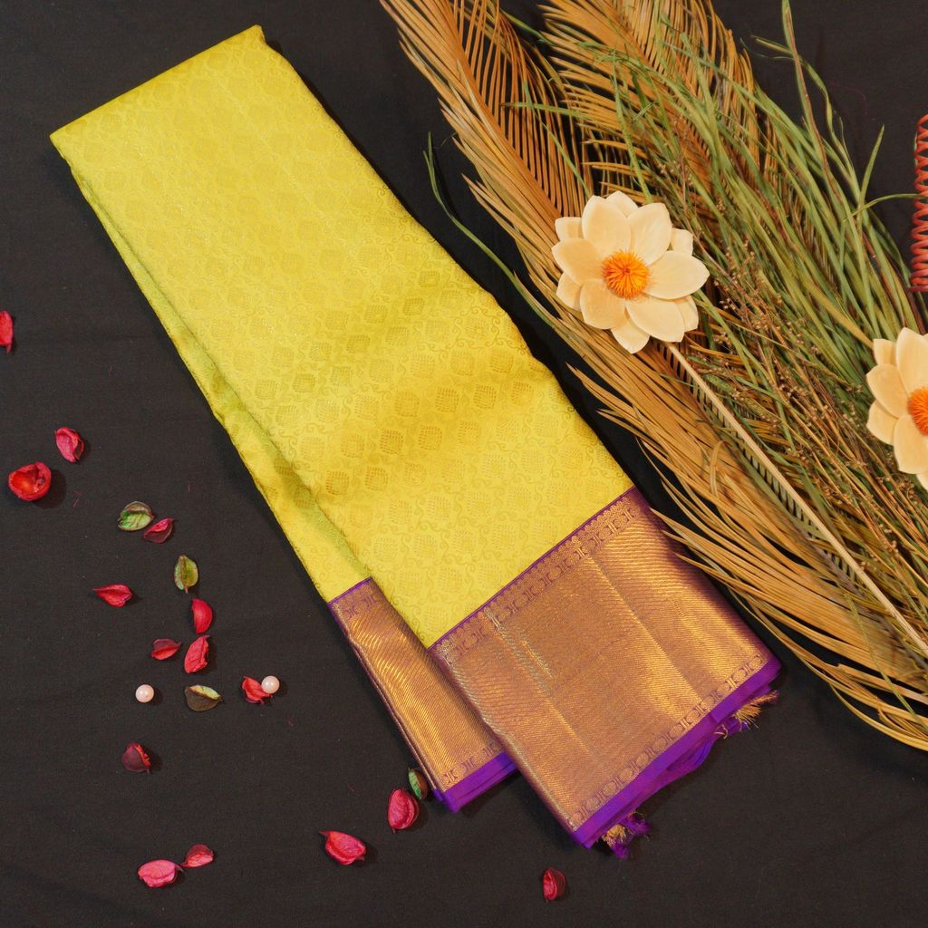 Radiant Lemon Yellow & Violet Bridal Kanchipuram Handloom Silk Saree | Vivaaha Silks