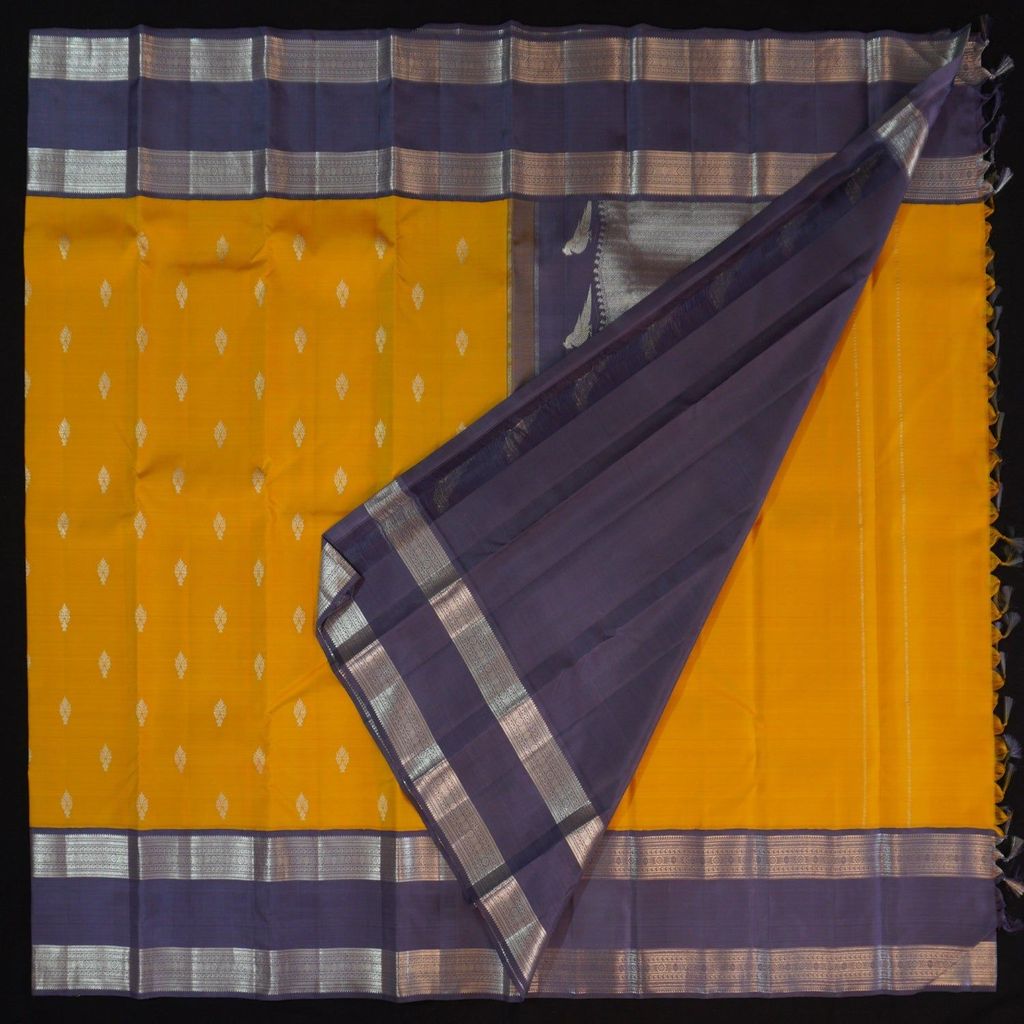 Mustard Yellow with Gray Korvai Border Kanchipuram Silk Saree