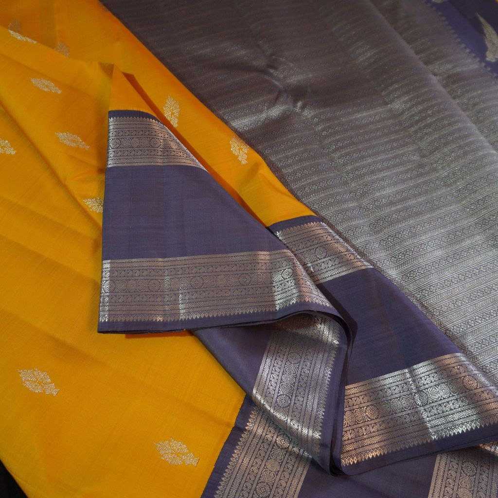 Mustard Yellow with Gray Korvai Border Kanchipuram Silk Saree