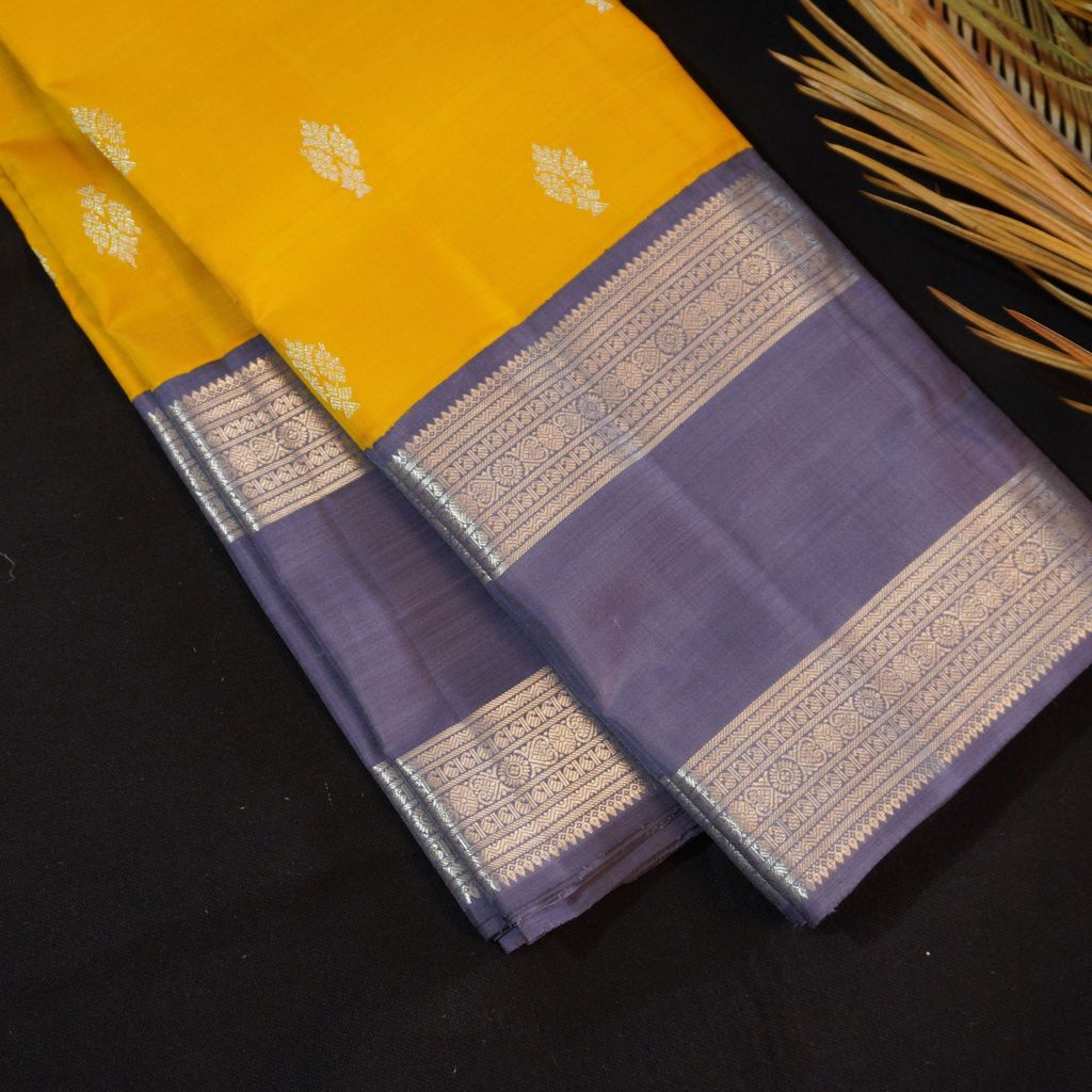 Mustard Yellow with Gray Korvai Border Kanchipuram Silk Saree