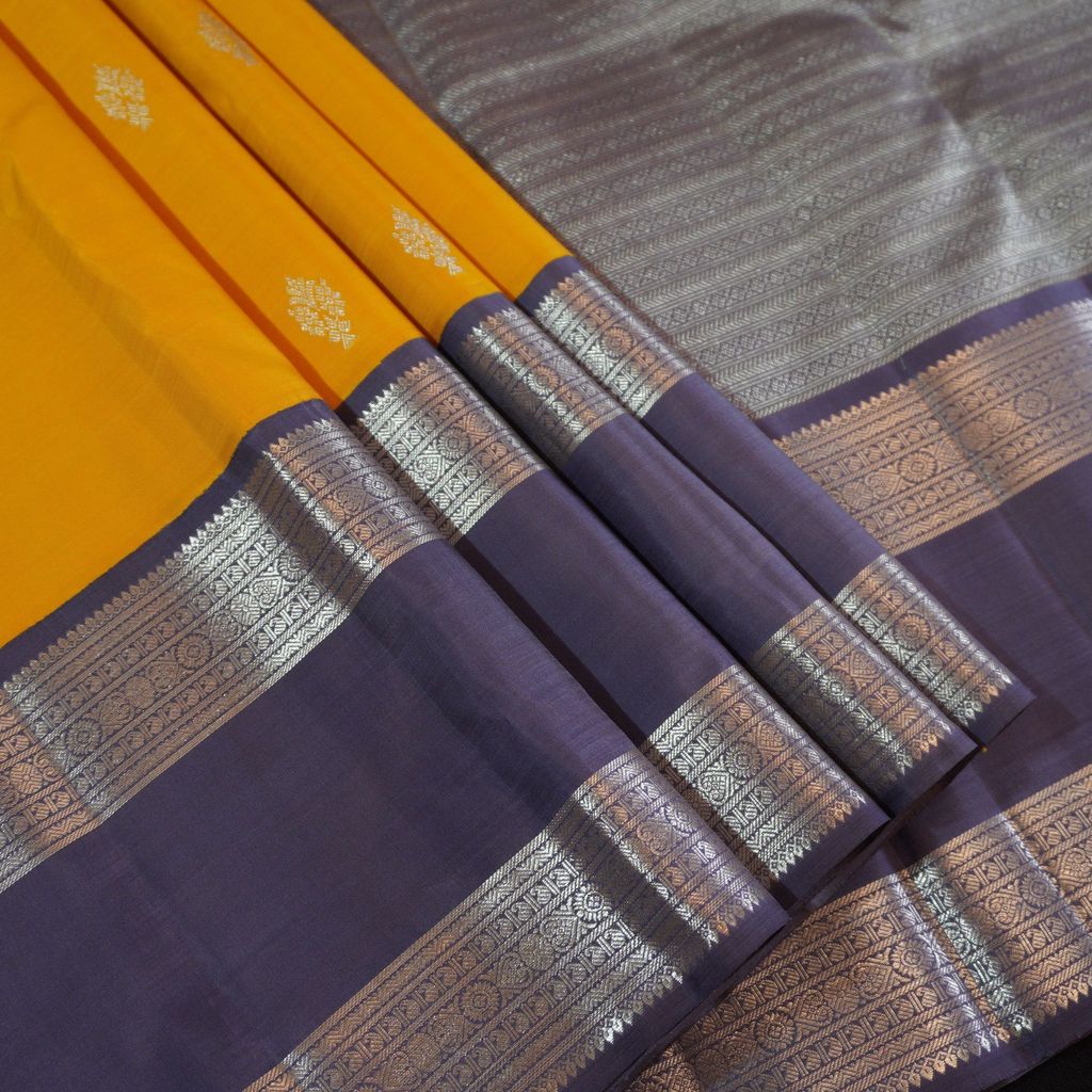 Mustard Yellow with Gray Korvai Border Kanchipuram Silk Saree