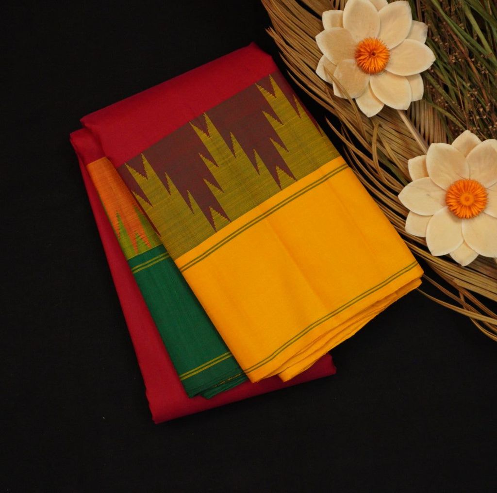Radiant Cherry Red Kanchipuram Silk Saree with Ganga Jamuna Korvai Border