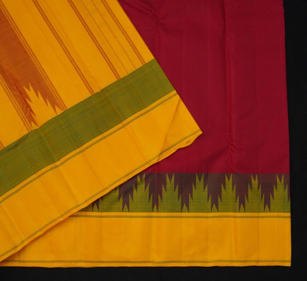 Radiant Cherry Red Kanchipuram Silk Saree with Ganga Jamuna Korvai Border