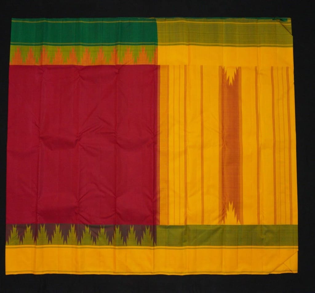 Radiant Cherry Red Kanchipuram Silk Saree with Ganga Jamuna Korvai Border