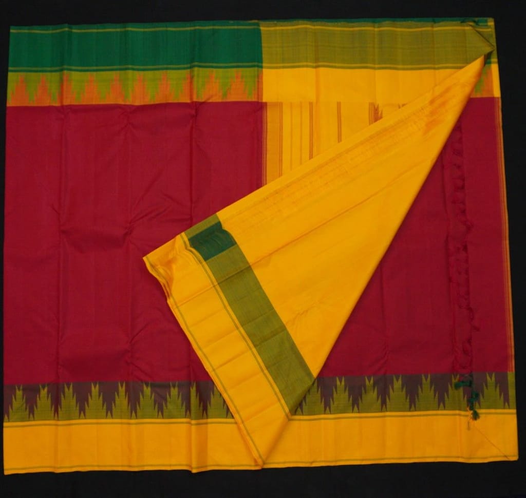 Radiant Cherry Red Kanchipuram Silk Saree with Ganga Jamuna Korvai Border
