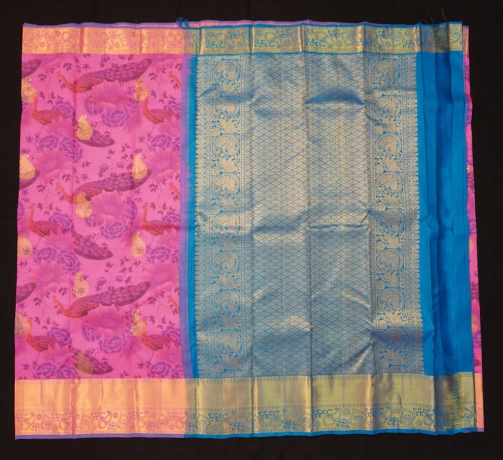 Floral Symphony: Pink and Blue Printed Kanchipuram Silk Saree