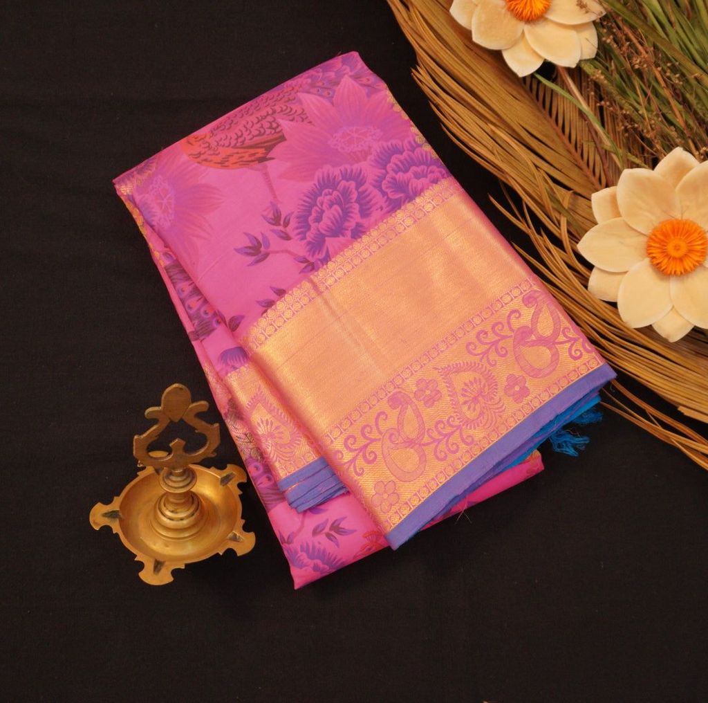 Floral Symphony: Pink and Blue Printed Kanchipuram Silk Saree