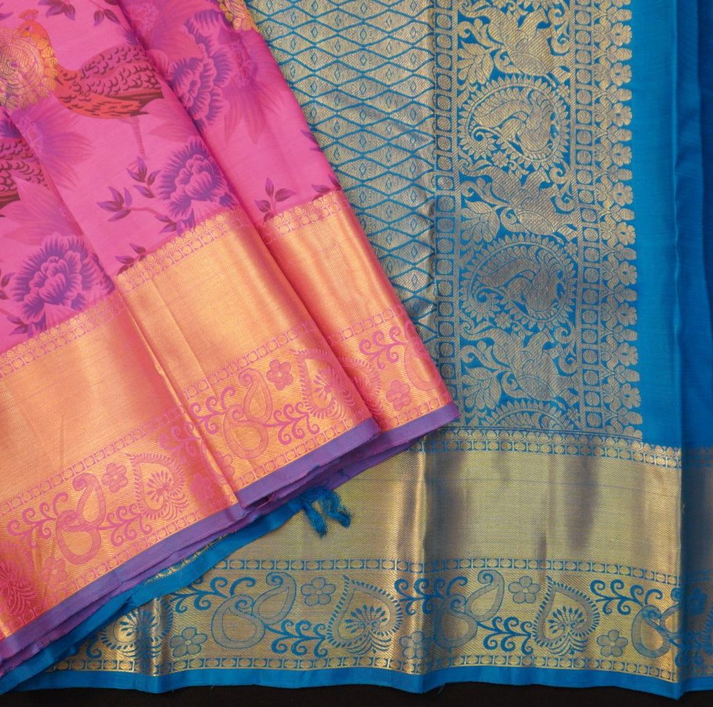 Floral Symphony: Pink and Blue Printed Kanchipuram Silk Saree