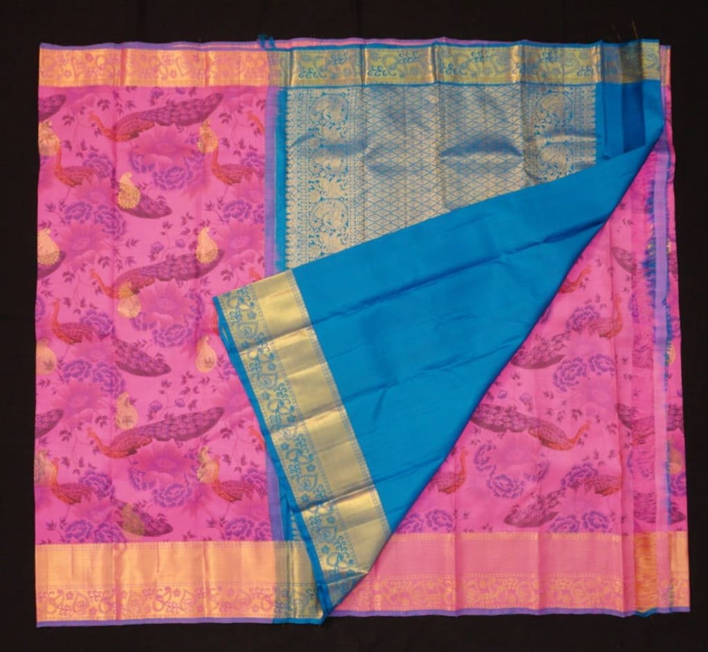 Floral Symphony: Pink and Blue Printed Kanchipuram Silk Saree