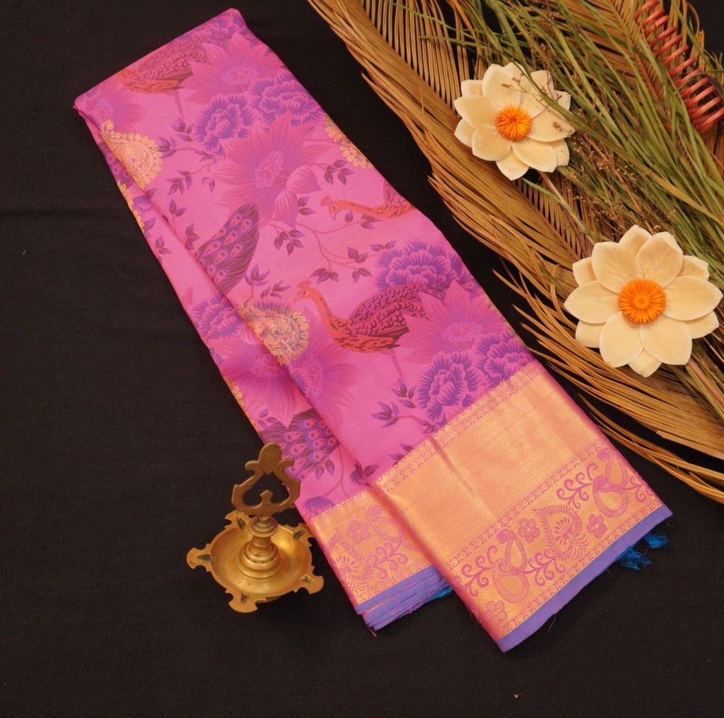 Floral Symphony: Pink and Blue Printed Kanchipuram Silk Saree