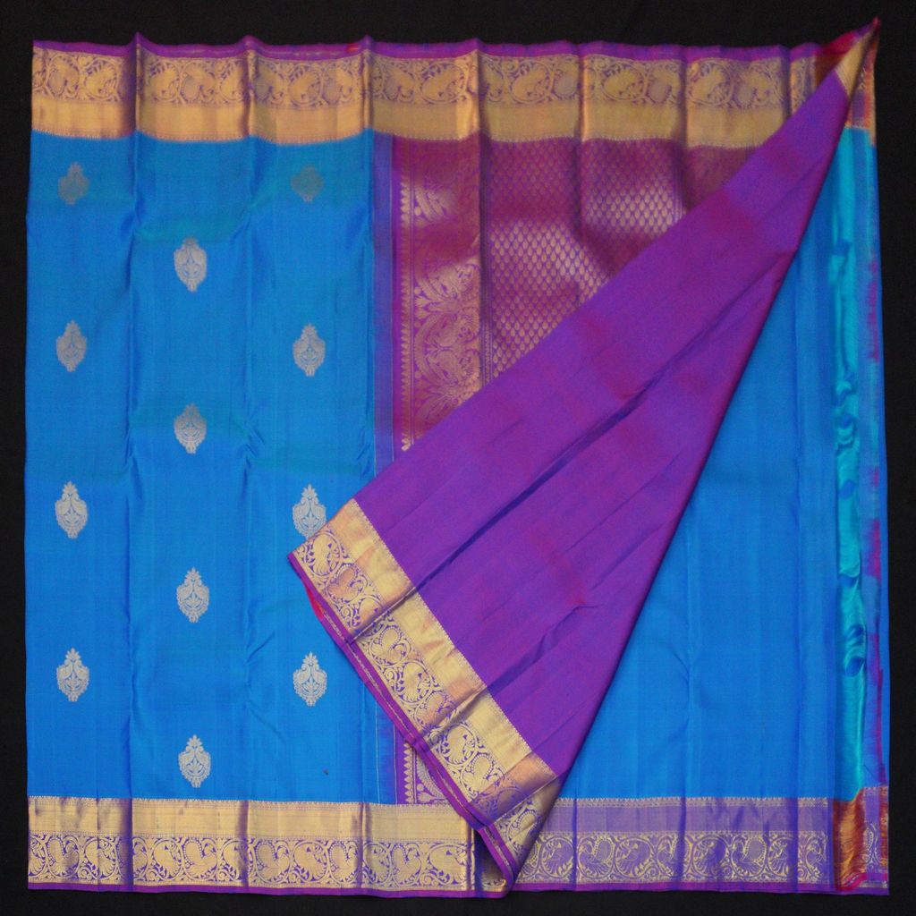 Azure Blue Kanchipuram Silk Saree | Violet Border & Pallu