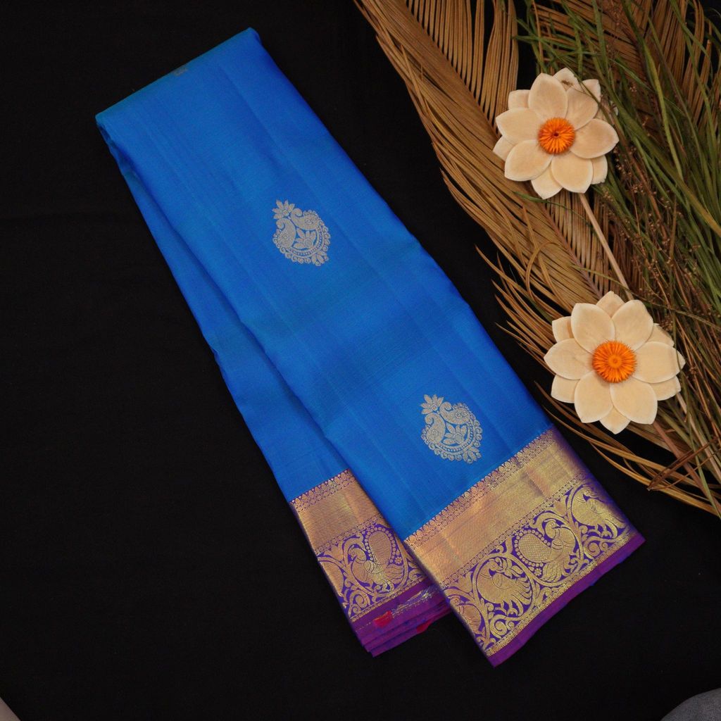 Azure Blue Kanchipuram Silk Saree | Violet Border & Pallu