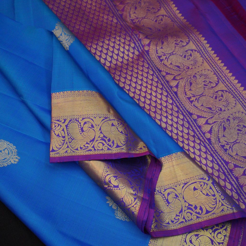 Azure Blue Kanchipuram Silk Saree | Violet Border & Pallu