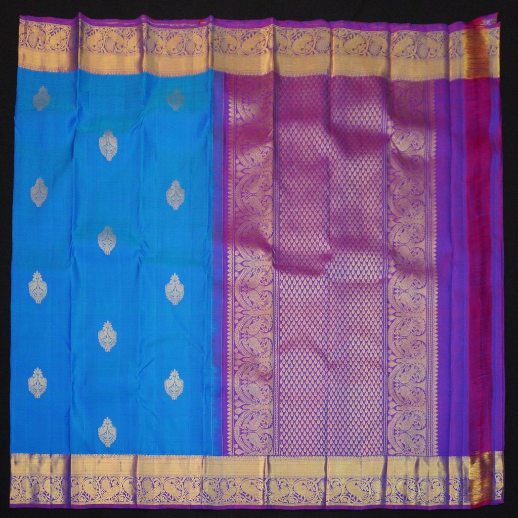 Azure Blue Kanchipuram Silk Saree | Violet Border & Pallu