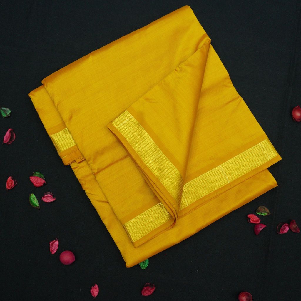 Mustard Yellow Kanchipuram Silk Saree - 9 Yard Saree