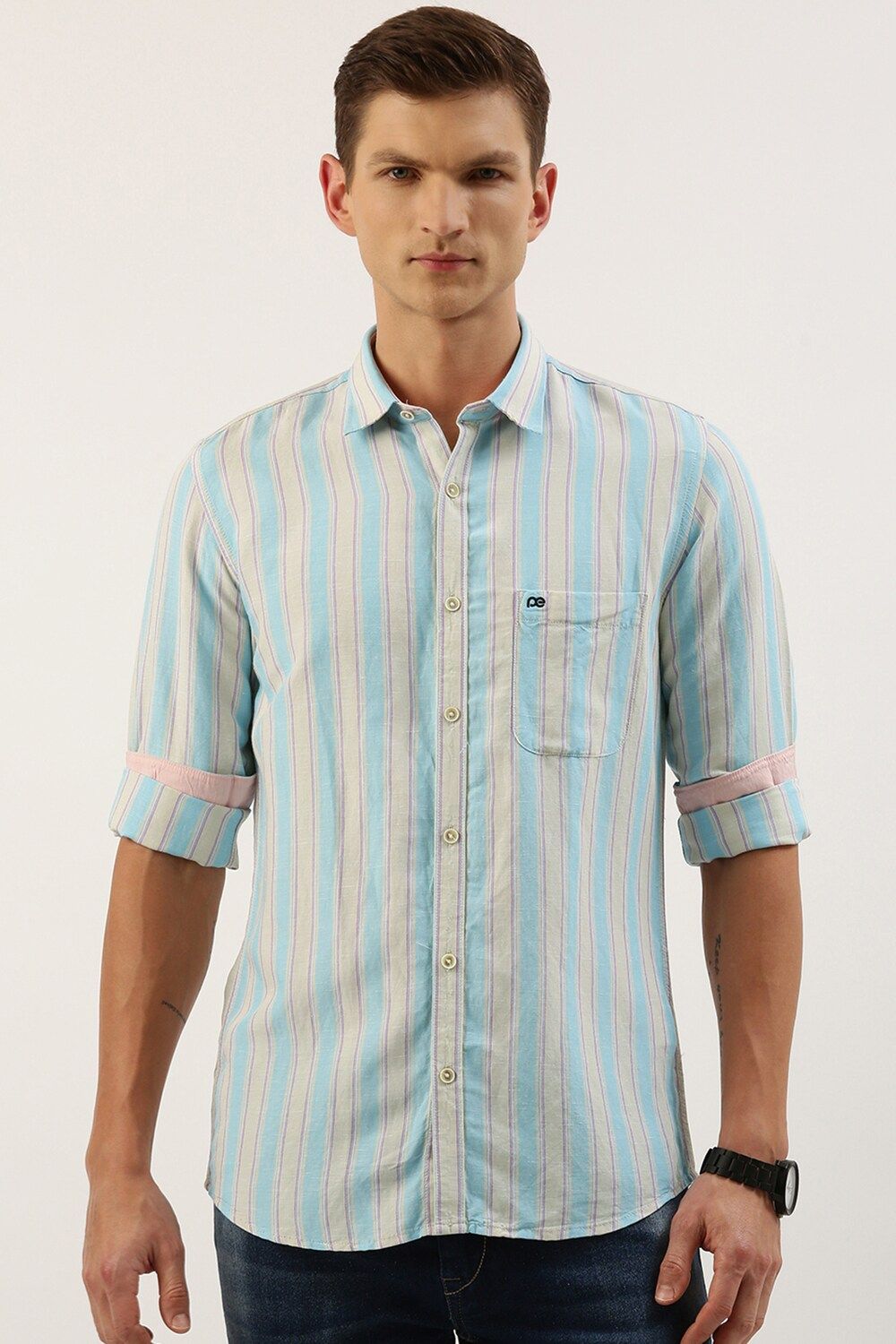 Men White Slim Fit Stripe Full Sleeves Casual Shirt