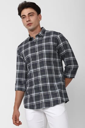 Men Grey Slim Fit Check Full Sleeves Casual Shirt