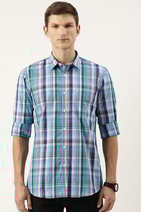 Men Blue Slim Fit Check Full Sleeves Casual Shirt