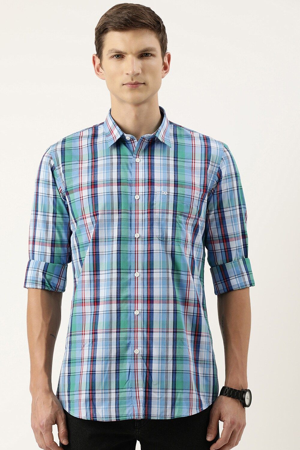 Men Blue Slim Fit Check Full Sleeves Casual Shirt