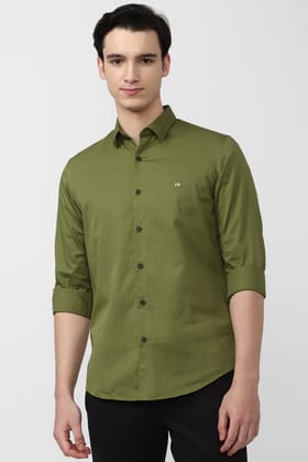 Men Olive Slim Fit Solid Full Sleeves Casual Shirt