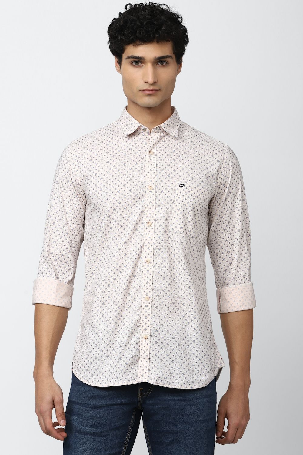Men Cream Slim Fit Print Full Sleeves Casual Shirt