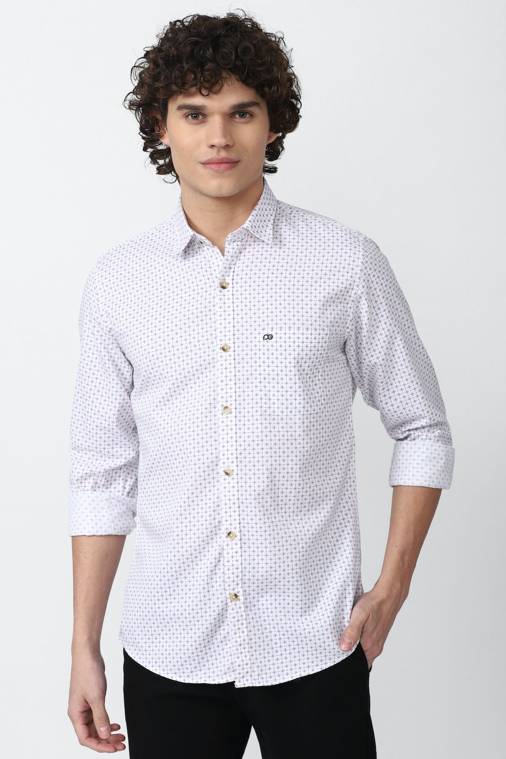 Men White Slim Fit Print Full Sleeves Casual Shirt