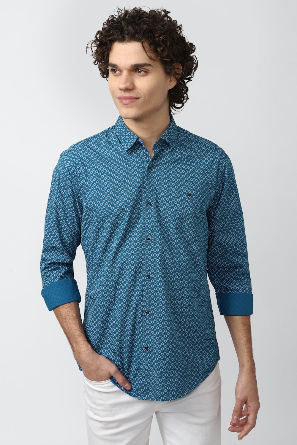 Men Blue Slim Fit Print Full Sleeves Casual Shirt