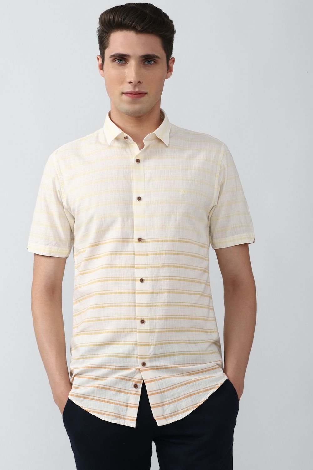 Men Beige Slim Fit Stripe Half Sleeves Casual Shirt