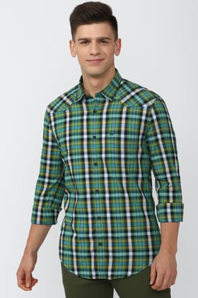 Men Green Super Slim Fit Check Full Sleeves Casual Shirt