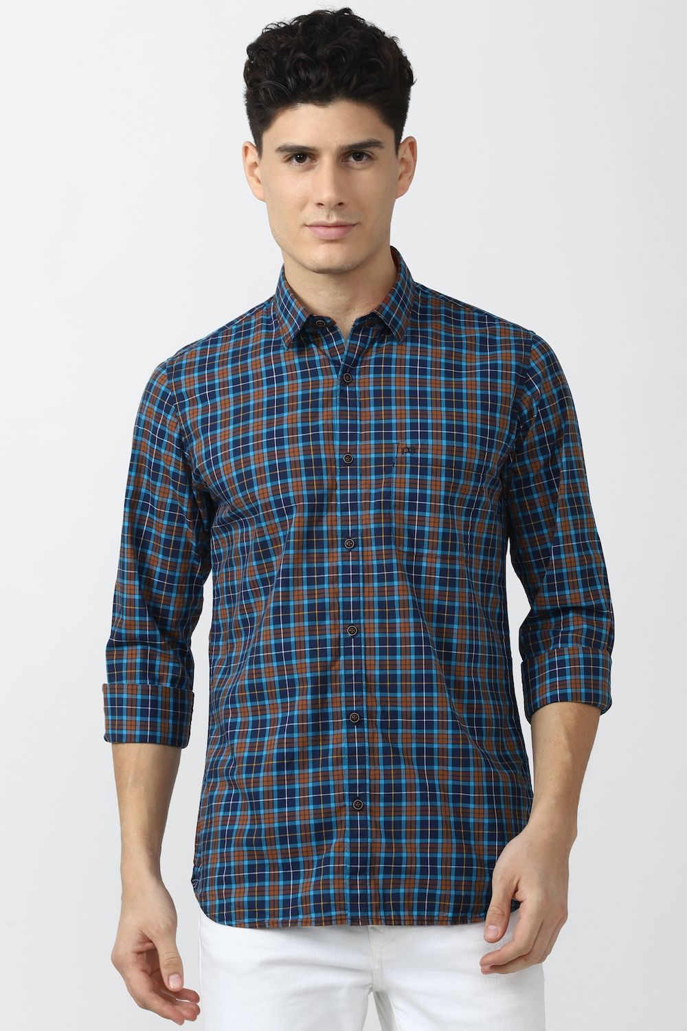 Men Blue Slim Fit Check Full Sleeves Casual Shirt