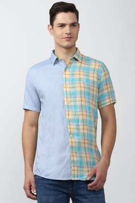 Men Blue Slim Fit Check Half Sleeves Casual Shirt