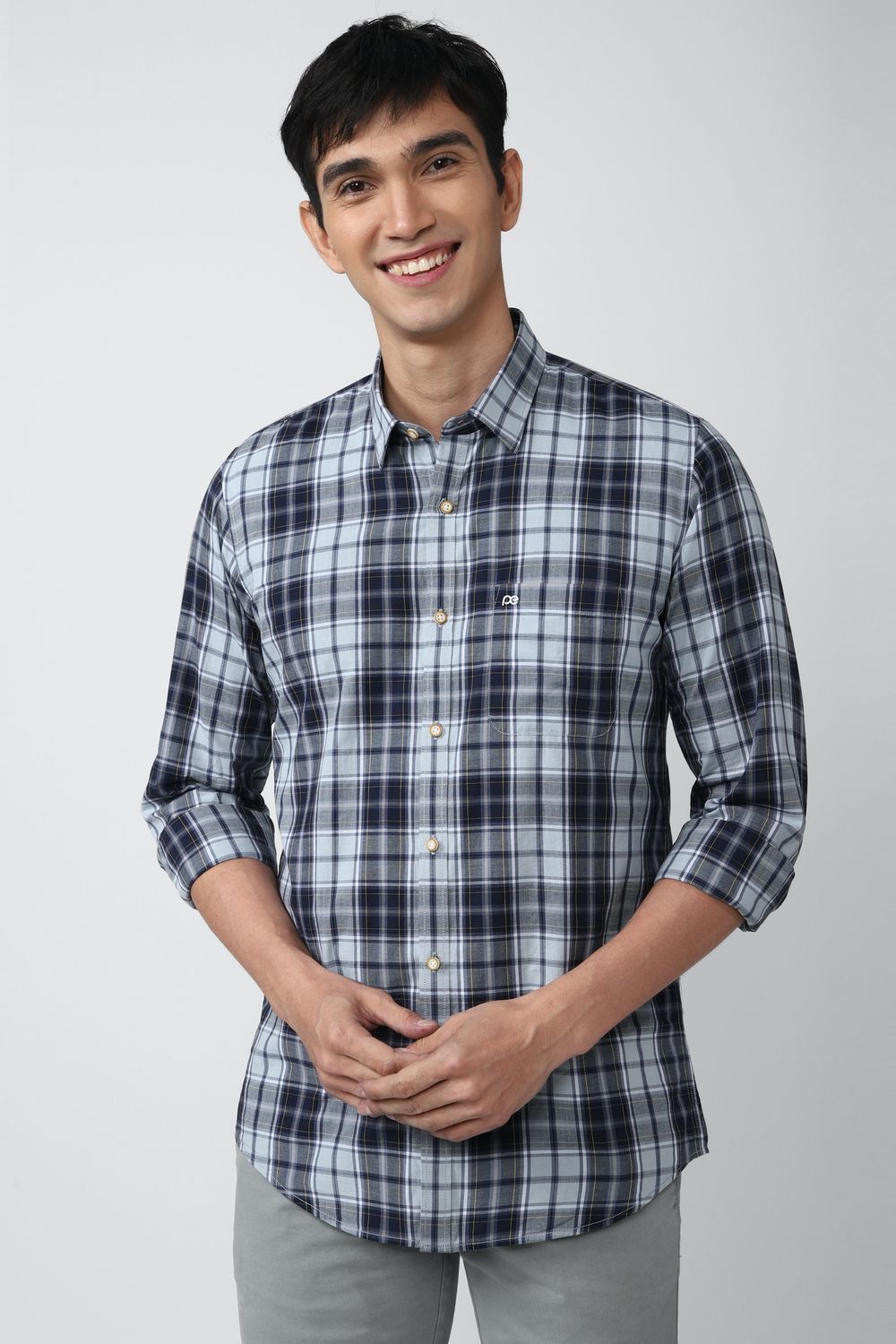 Men Blue Slim Fit Check Full Sleeves Casual Shirt