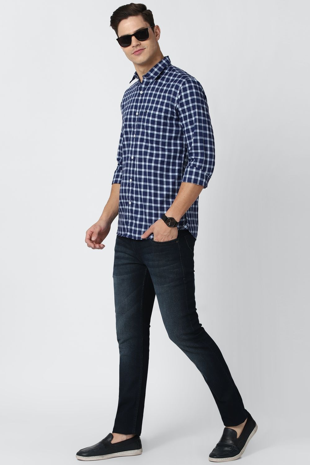 Men Navy Slim Fit Check Full Sleeves Casual Shirt