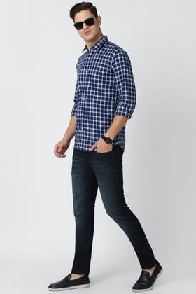 Men Navy Slim Fit Check Full Sleeves Casual Shirt