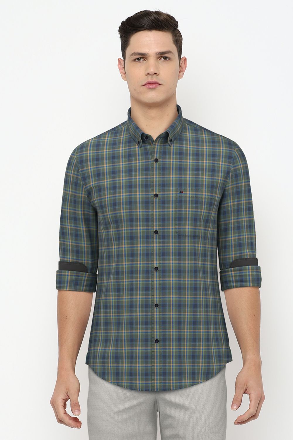 Men Green Slim Fit Check Full Sleeves Casual Shirt