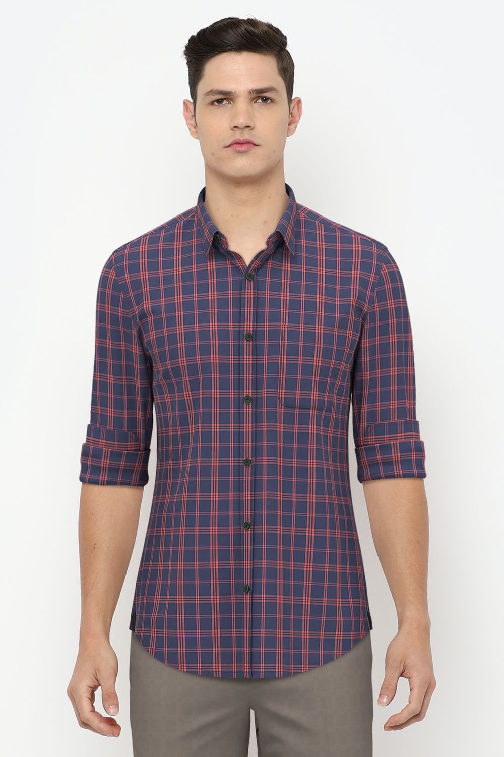 Men Navy Slim Fit Check Full Sleeves Casual Shirt